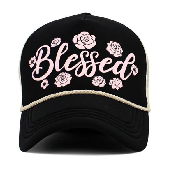 Womens Blessed Baseball Cap Hat in Black Light Pink Tan w/Flowers/Roses Trucker - Picture 2 of 4